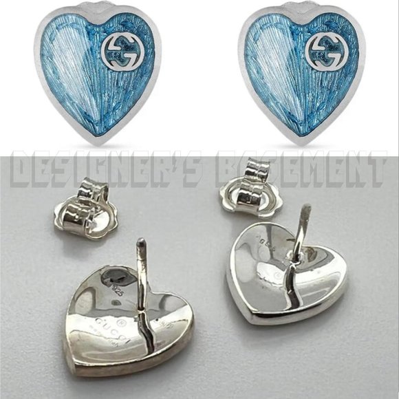 GUCCI Sterling Silver INTERLOCKING G light Blue Enamel HEART stud post Earrings - Picture 4 of 8